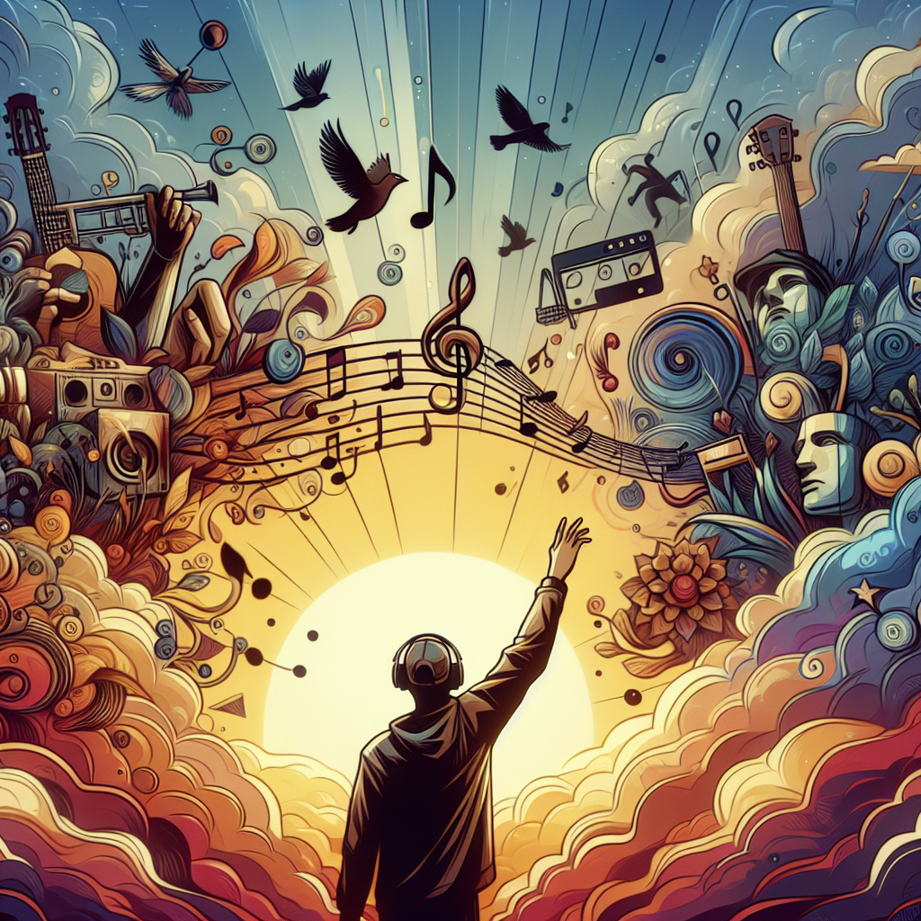"Person reaching toward a sky filled with music notes and instruments — representing the symphony of greatness in Achieve It by Snappin’ Grannies."Motivation Image