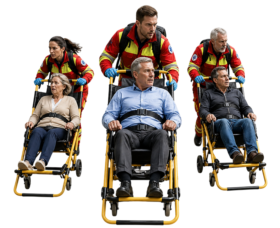 Paramedic pushing a man on an evacuation chair during emergency evacuation