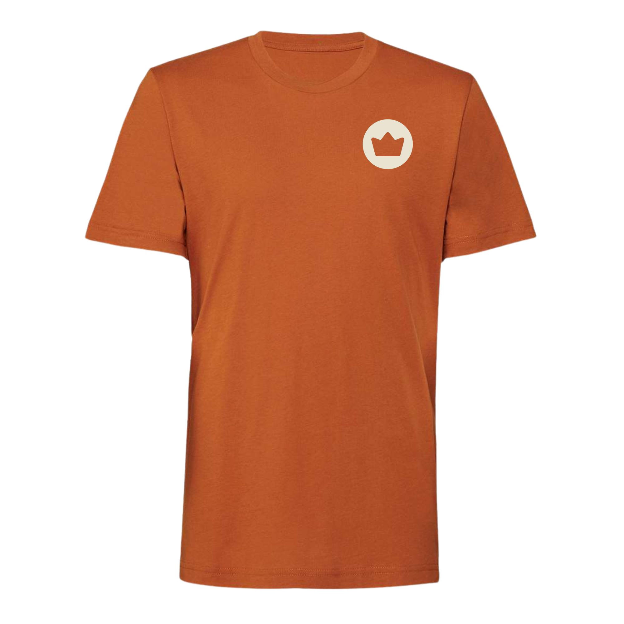 Orange short sleeve shirt with front right chest icon in creme with a crown.