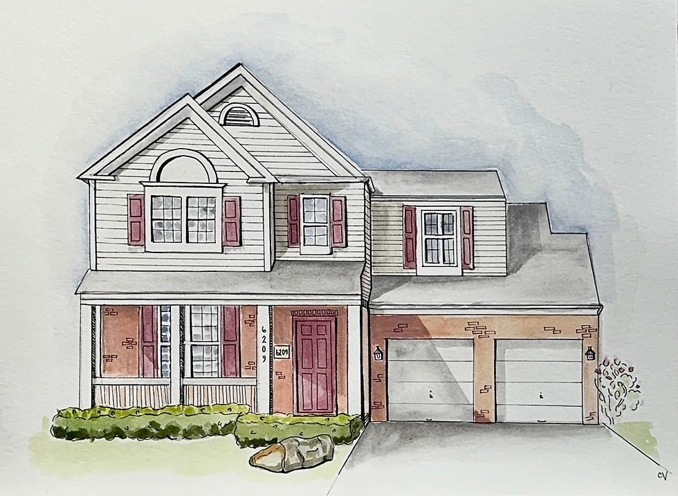 Watercolor custom commissions for families of a two-story home.