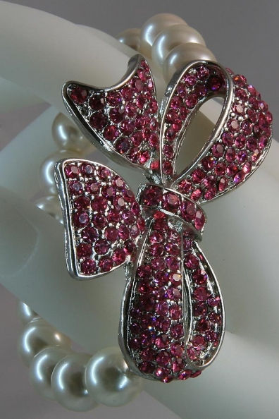 Thumbnail: "Ariella" Pink Crystal & Pearl Ribbon Link Stretch Bracelet