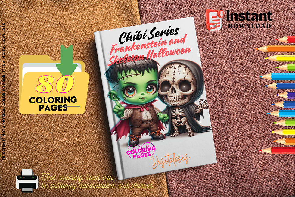 Miniaturbild: Chibi Frankenstein and Skeleton Halloween Coloring Pages