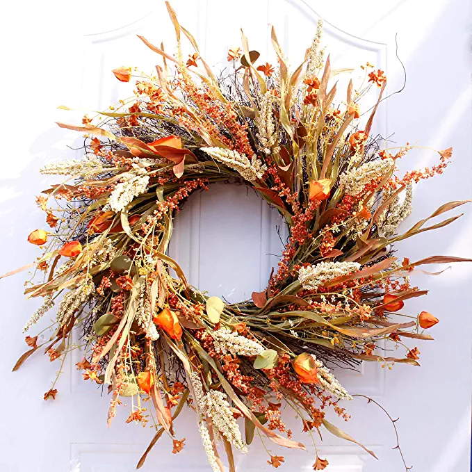 24 Inch Fall Wreath, Straw Wreath, Farmhouse Door Wreaths for Front Door Autumn, DRUI-24IN