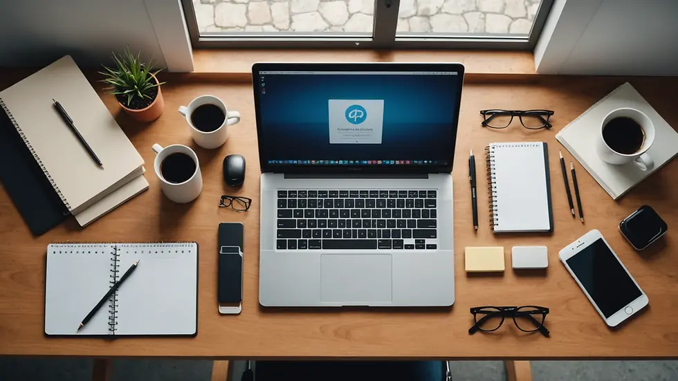 High angle view of an organized workspace with a laptop and office supplies