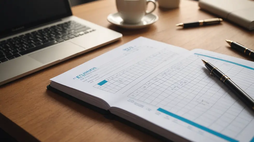 Eye-level view of a close-up desk with a planner and pen