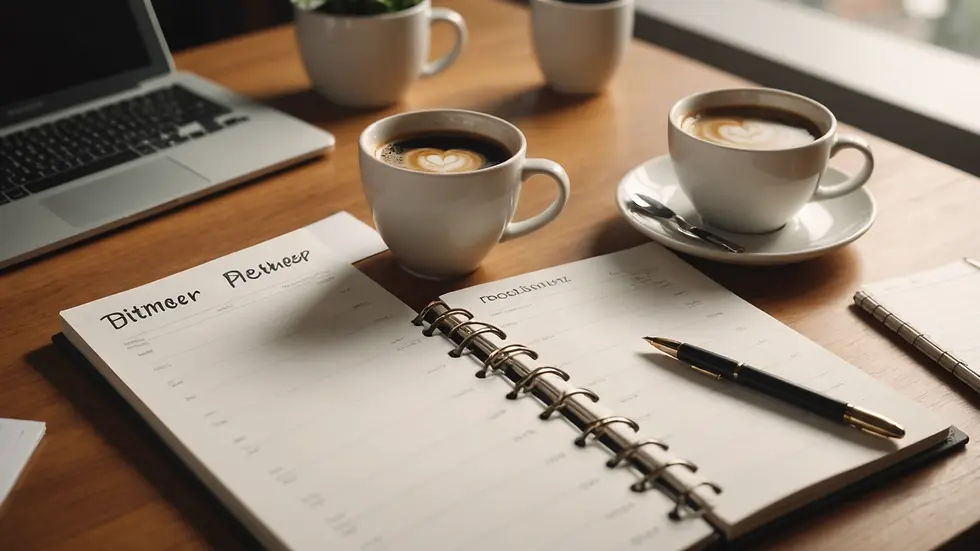 Close-up view of a desk with a planner and a coffee cup