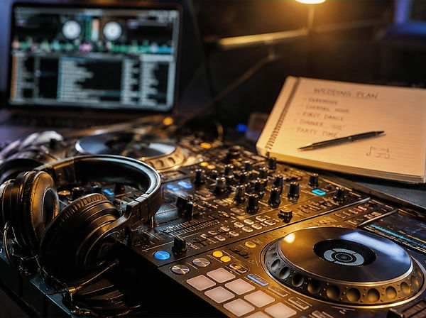 Préparation musicale personnalisée par DJ professionnel avant un mariage.