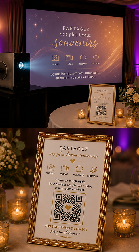 Écran interactif permettant aux invités de partager en direct leurs photos, vidéos et messages lors d'un mariage en Essonne (91), Yvelines (78), Seine-et-Marne (77), Eure-et-Loir (28) et Loiret (45).