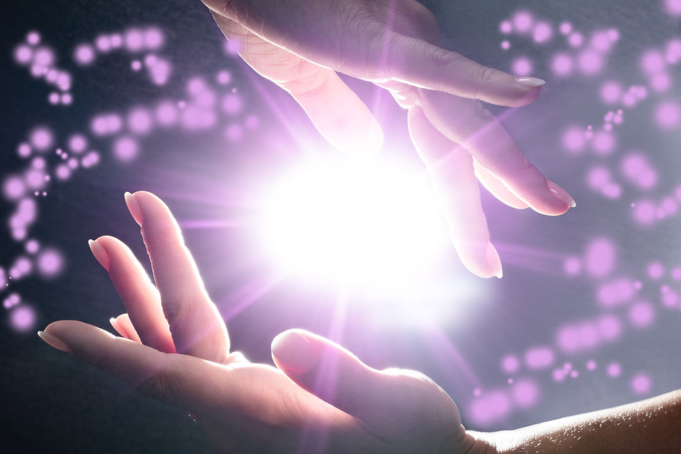 Hands delivering distance and virtual healing energy in a reiki session with reiki master Devani