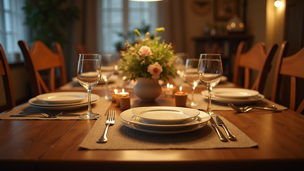 Eye-level view of a cozy family dining table set for dinner