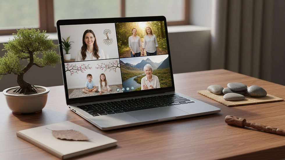 Eye-level view of a laptop on a desk with a family coaching session on screen