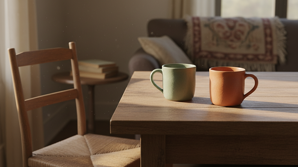 Close-up of two untouched mugs on a kitchen table