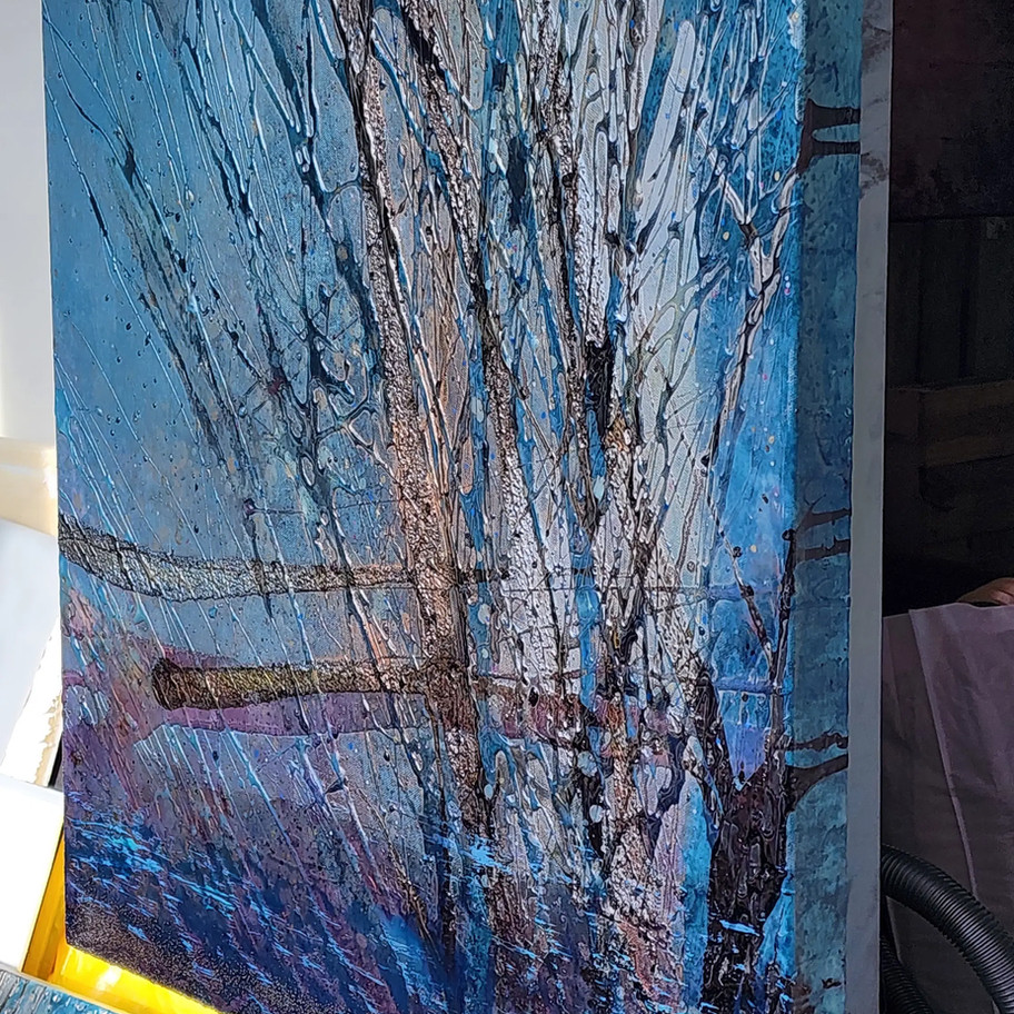Abstract blue textured painting, diptych artwork for sale