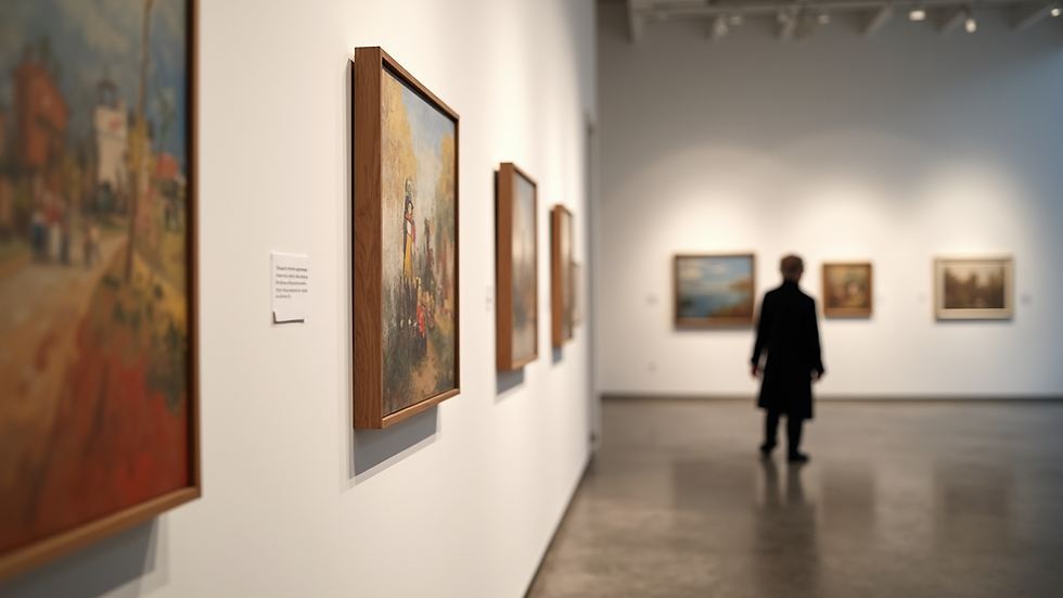 Eye-level view of a gallery wall featuring abstract paintings