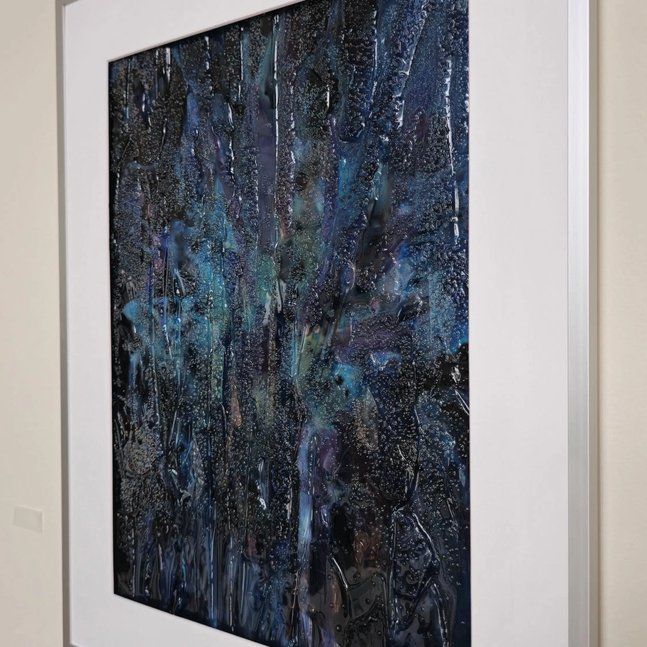 Abstract acrylic painting, dark teal, framed