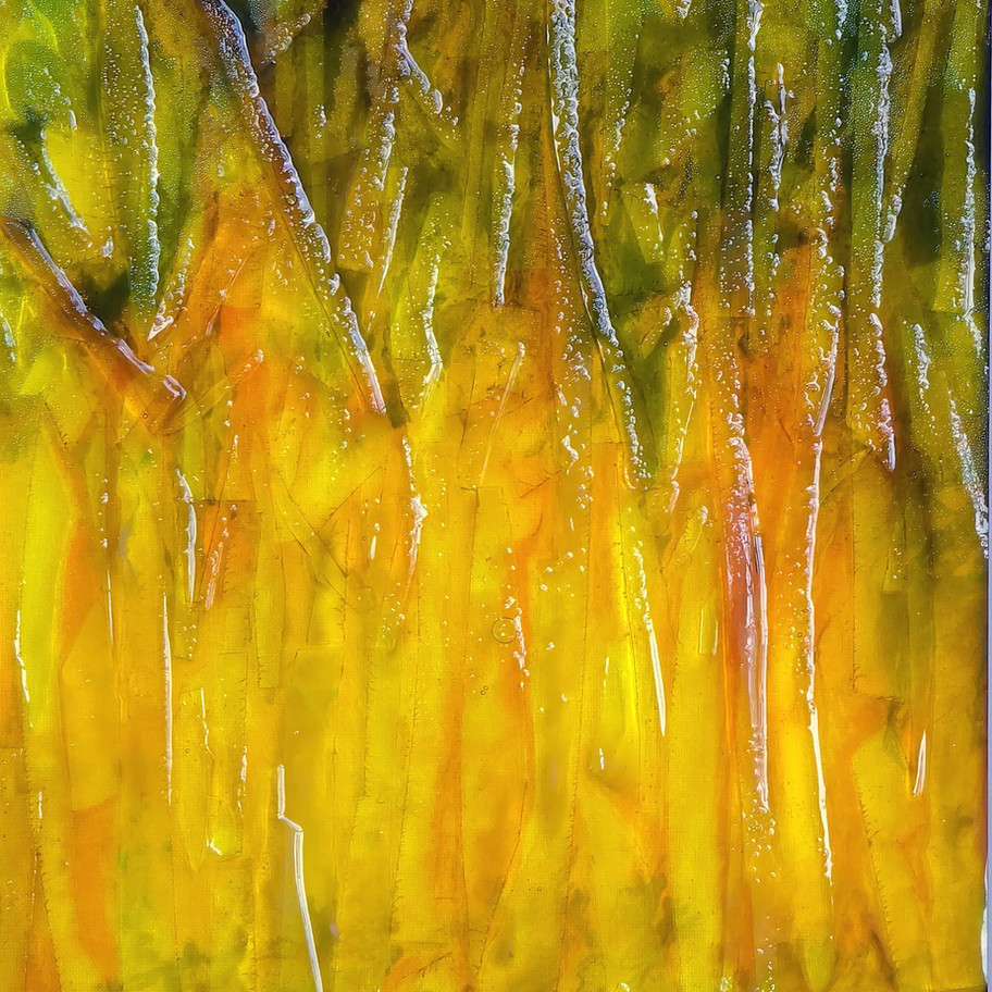 Textured abstract painting, yellow liquid glas