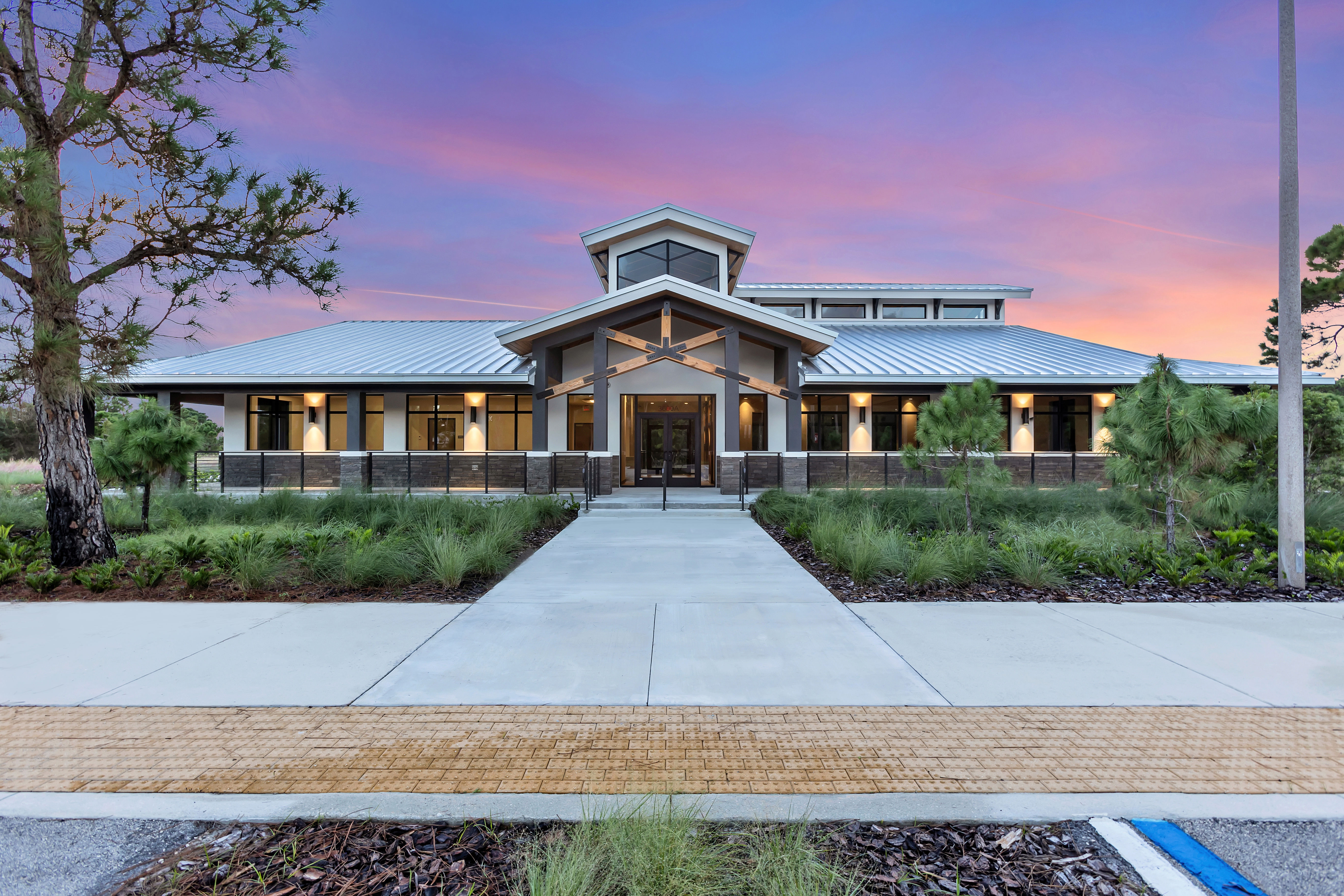 View at dusk of exterior of building