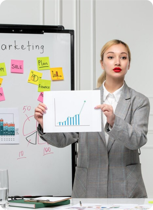 Businesswoman presenting marketing sales growth chart
