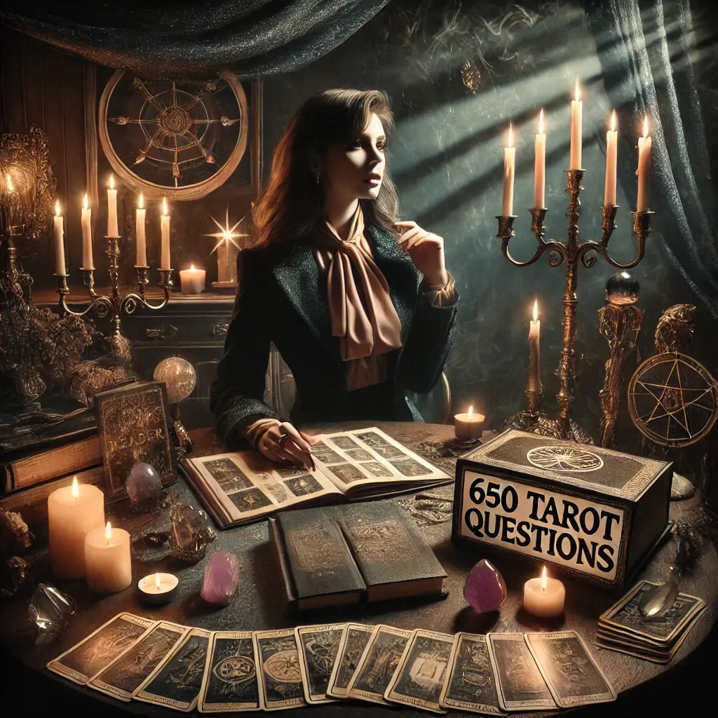 A Tarot reader sitting at a table reading a Tarot card