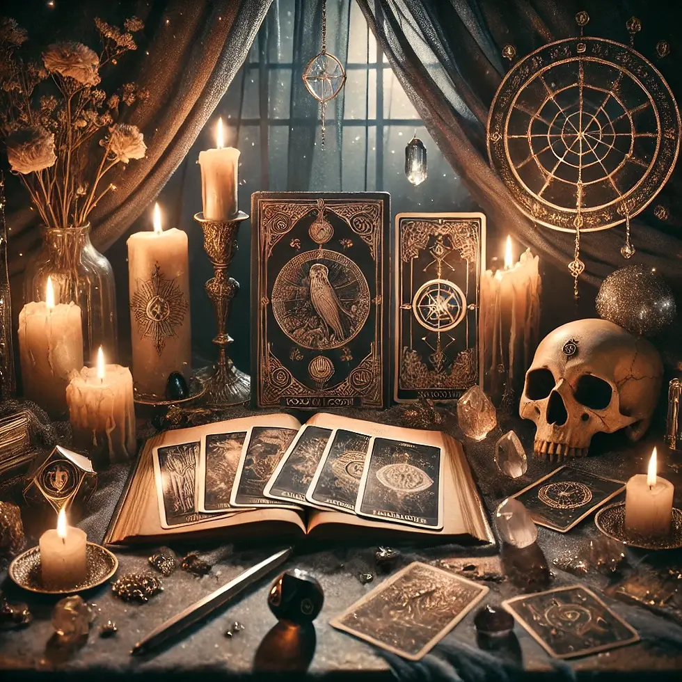 a table with tarot cards and candles