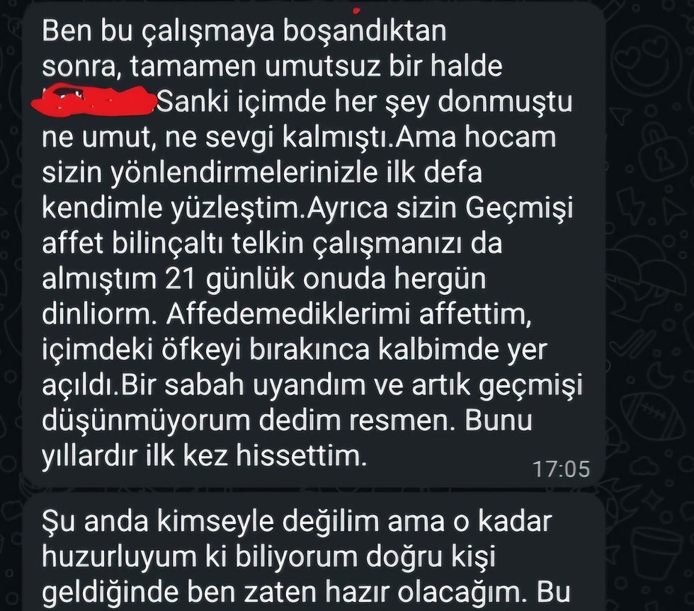 Boşanma sonrası huzur bulan ve ruh eşi uyumlama ile doğru kişiye hazır olduğunu belirten müşteri mesajı.