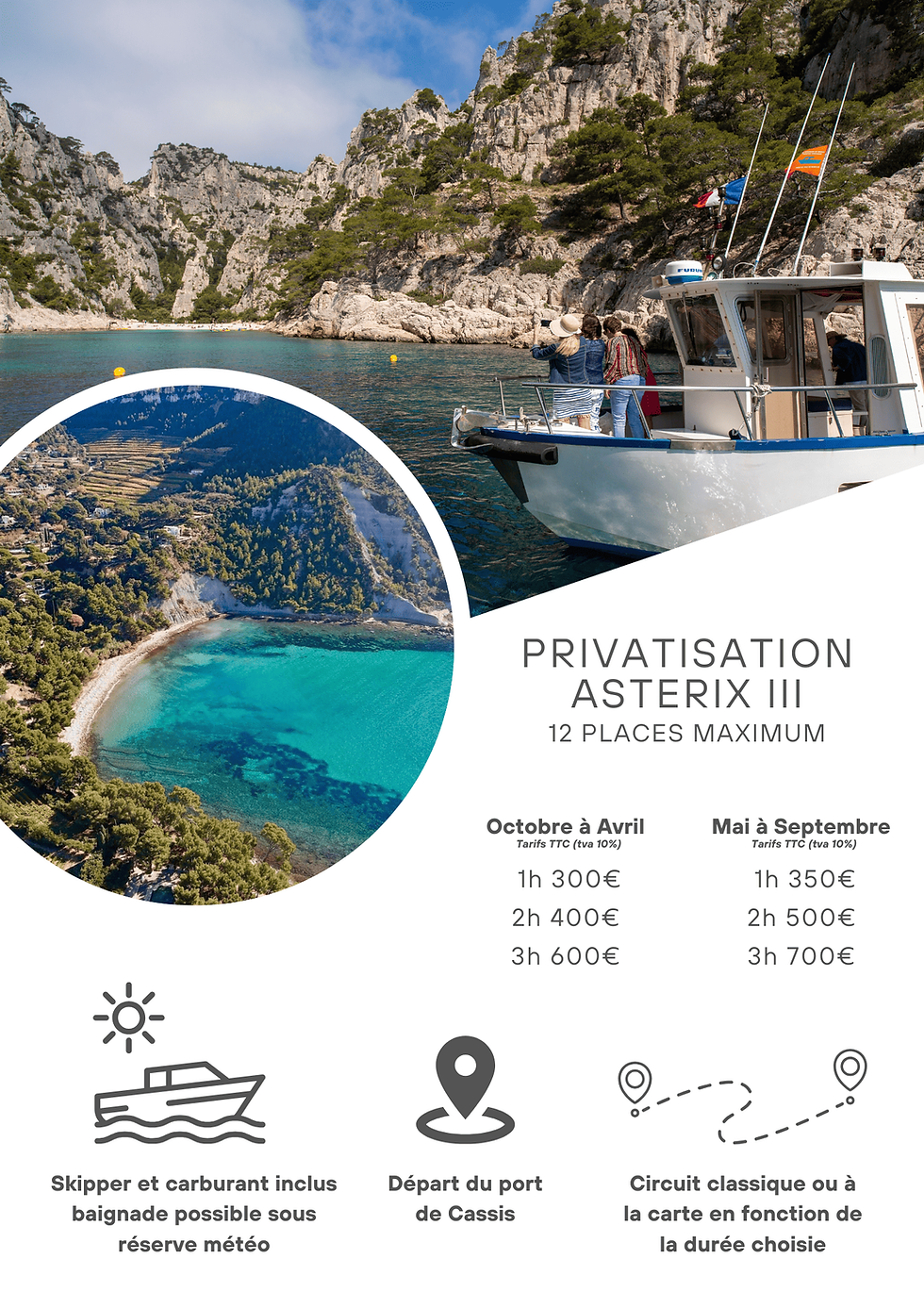 Partez à la découverte des Calanques du parc national et de leurs secrets, notamment la célèbre Calanque d'en Vau, à bord de notre bateau L'Astérix (12 places). La baignade est vivement recommandée  Tarifs pour la privatisation du bateau et réservation par e-mail.