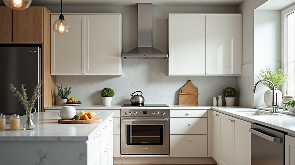 Eye-level view of a beautifully remodeled kitchen with modern appliances and a stylish backsplash