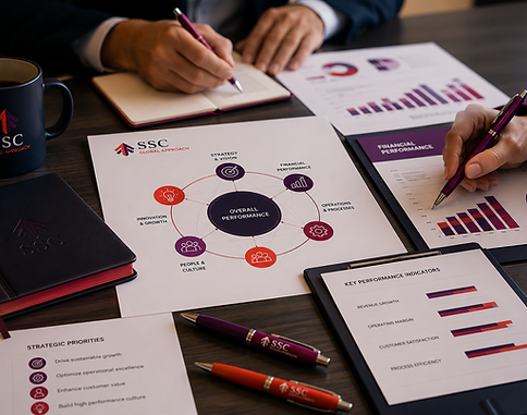 Executives reviewing SSC overall performance documents.