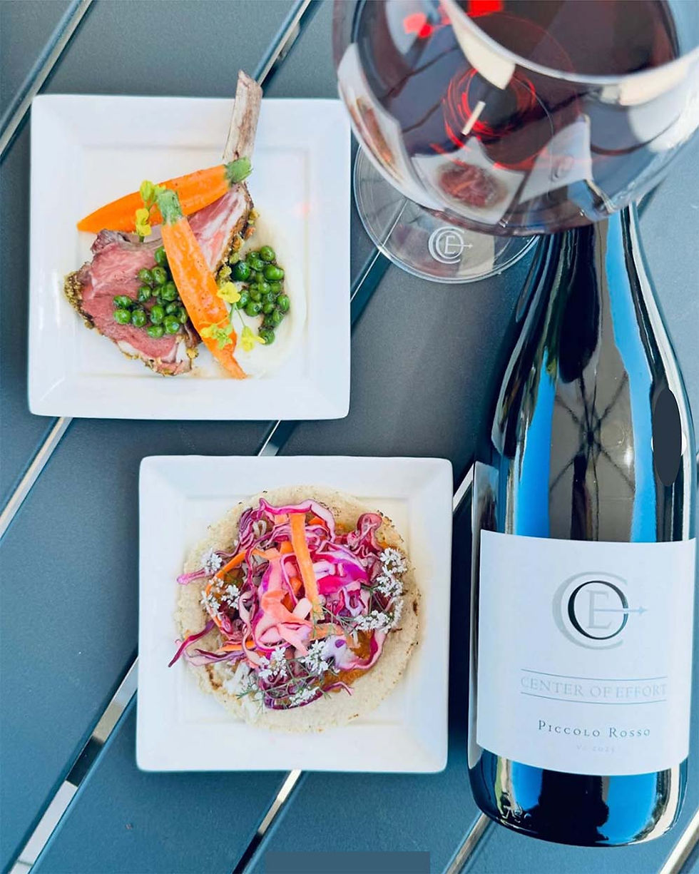 Two plates, one with meat, carrots, peas, the other with a taco and colorful slaw, are on a table next to a glass and bottle of red wine.