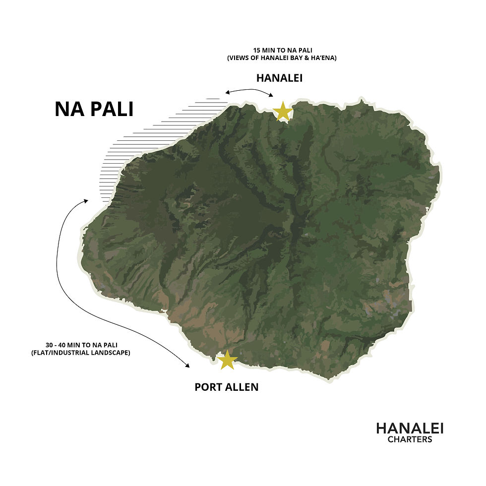 Map showing different Na Pali Cost tour departure locations