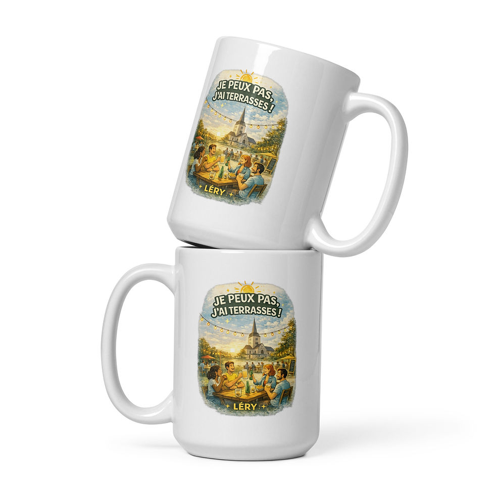 Miniature : Mug blanc “Je peux pas, j’ai terrasses ! – Léry”. Tasse originale, durable et locale, idéale pour café, thé et cadeau.