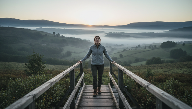 Wide-angle view of a woman standing on a wooden footbridge looking across a misty valley.