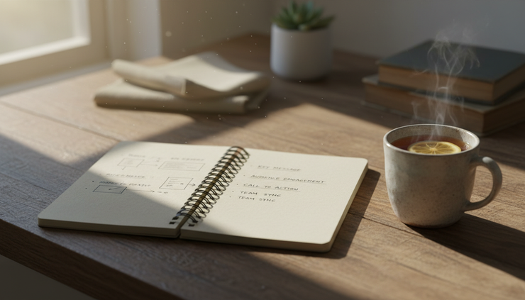 Close-up view of handwritten notes beside a cup of tea on a wooden kitchen table.