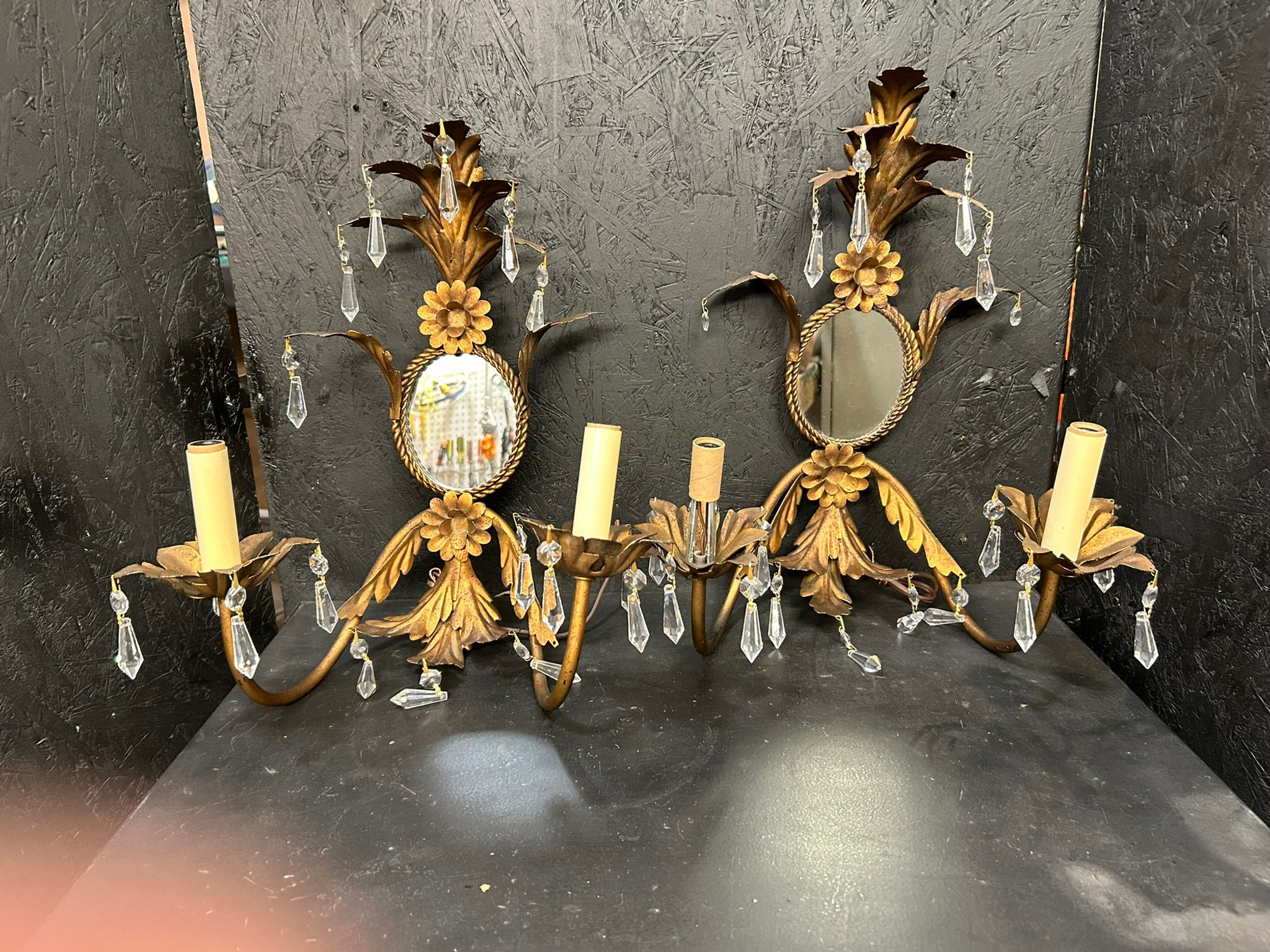 Brass Leaves with Flowers and Center Mirror (Pair)