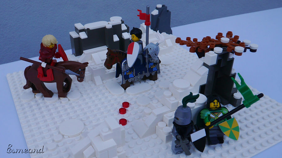 Gauvain, Perceval et le sang d'oie dans la neige en Lego. Gawain, Perceval and the goose blood in the snow in Lego.