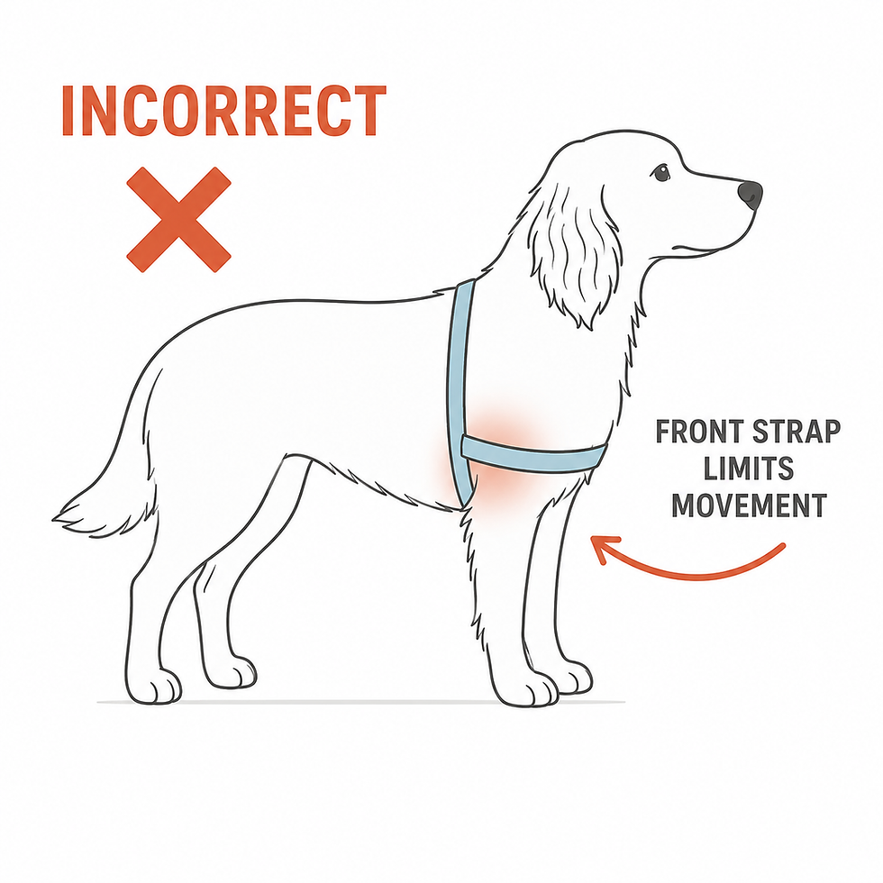 Illustration showing an incorrectly fitted harness, marked with a red 'INCORRECT' label — a horizontal front strap sits low across the dog's chest near the front leg, highlighted in orange to show where it limits natural shoulder and leg movement, with an arrow pointing to 'Front strap limits movement.'