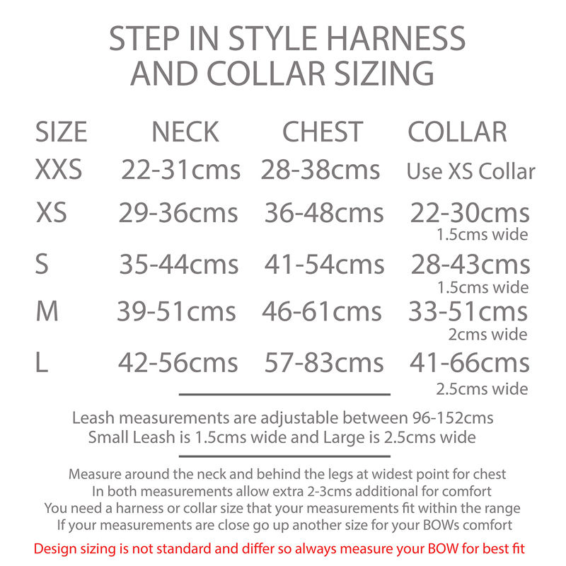 Thumbnail: Size chart for mushroom dog harness range by Hendricks and Maple