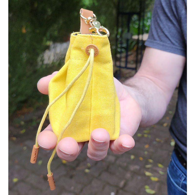 Thumbnail: Waxed canvas dog treat pouch in the colour wattle by Hendricks and Maple