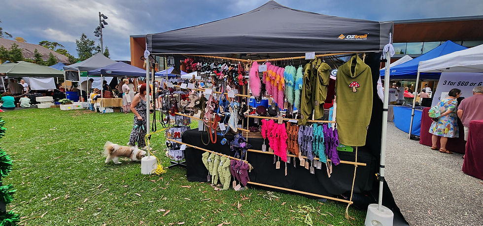 Hendricks and Maple pop-up market stall at the Springwood Twilight Market, displaying colourful dog bandanas, collars, leashes and folded sweaters including the Olive Green Mushroom Tankie, set up outdoors among other market stalls.