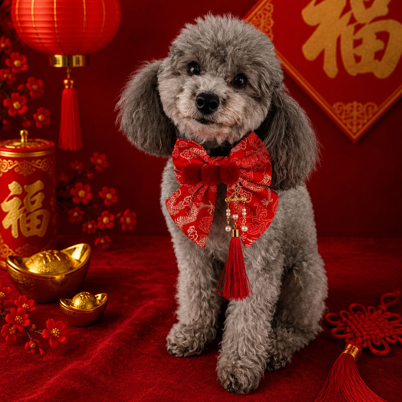 Porsche, a silver toy poodle, wearing the Hendricks and Maple Lunar New Year Dragon Brocade Sailor Bow in red with gold dragon detailing and a tassel charm, photographed against a red Chinese New Year themed backdrop with lanterns and gold ingots