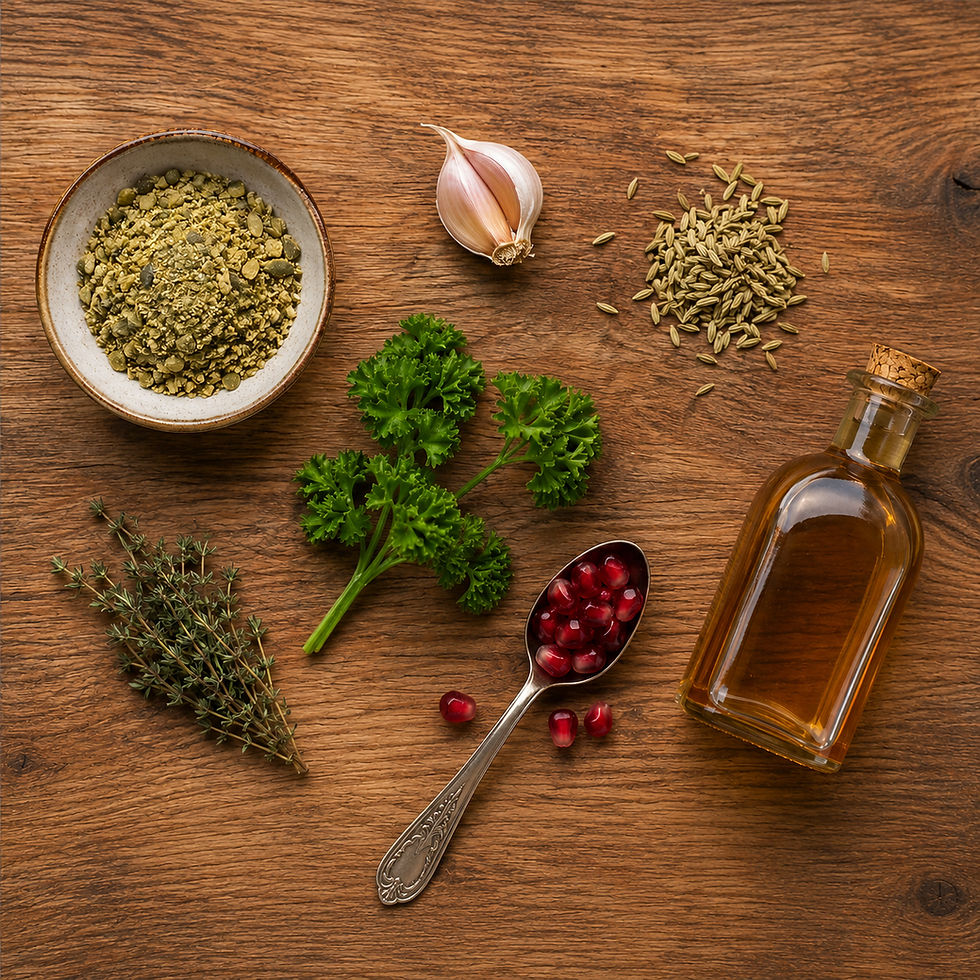 natural dog worming protocol ingredients flat lay — featured in the Dog Allergies Complete Guide by Hendricks and Maple, hendricksandmaple.com