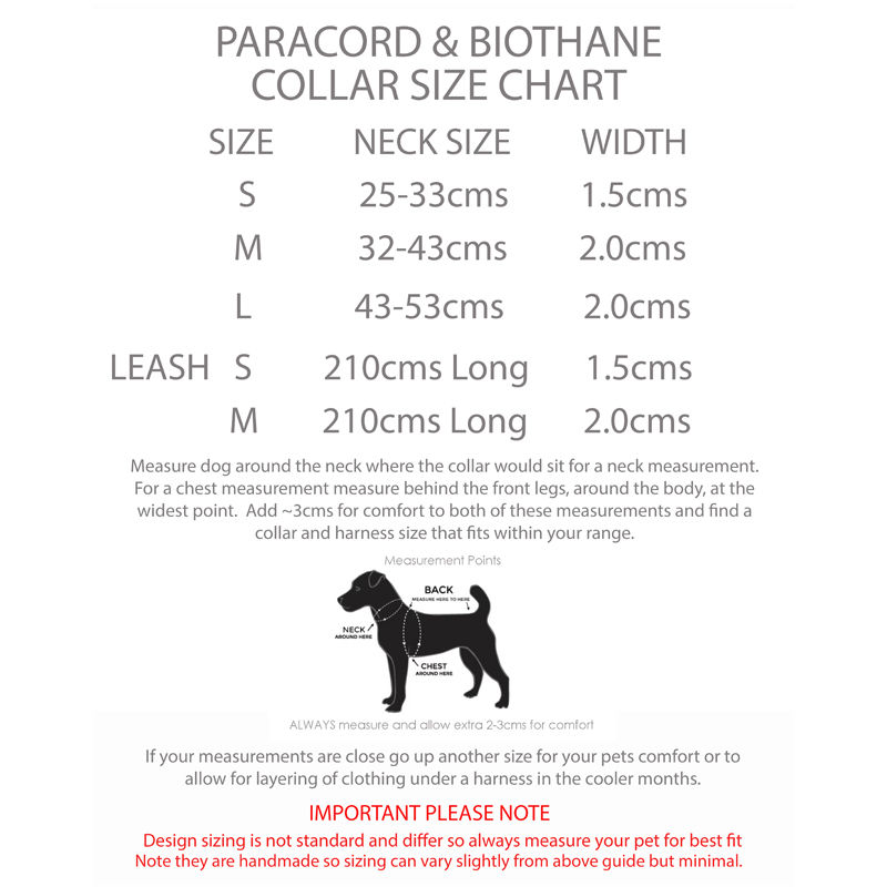 Thumbnail: Paracord and biothane dog collar and dog leash size chart by Hendricks and Maple