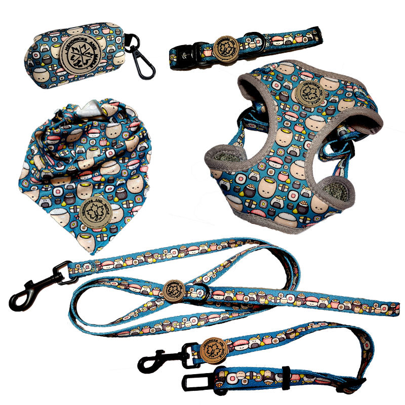 Thumbnail: Five piece sushi printed adjustable dog harness set by Hendricks and Maple