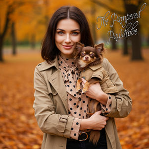 Woman holding a chihuahua in a trench coat.
