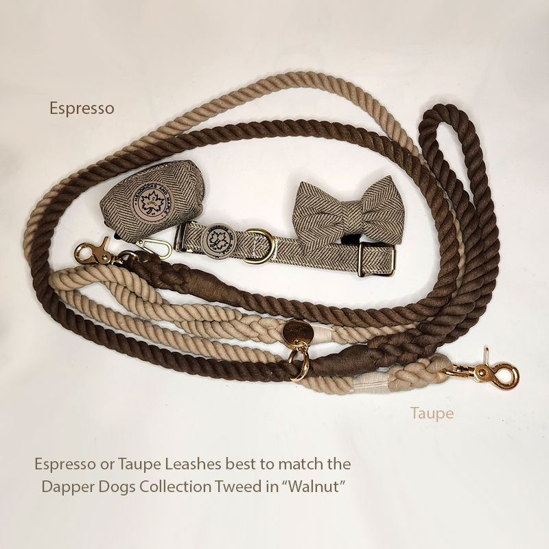 Thumbnail: Brown cotton rope leashes that match walnut tweed by Hendricks and Maple