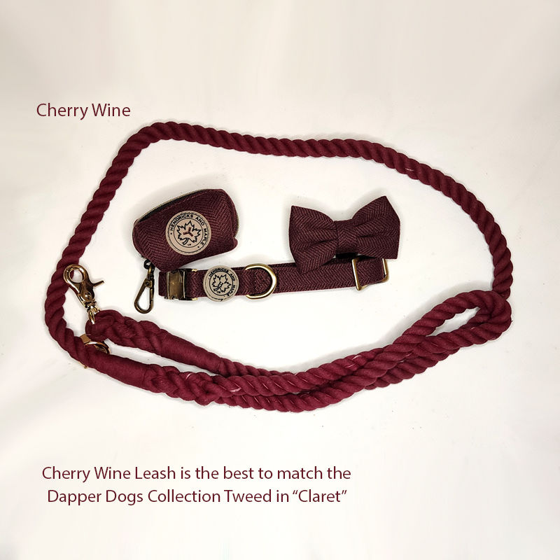Claret tweed accessories by Hendricks and Maple with matching Cherry Wine colour cotton rope leash.