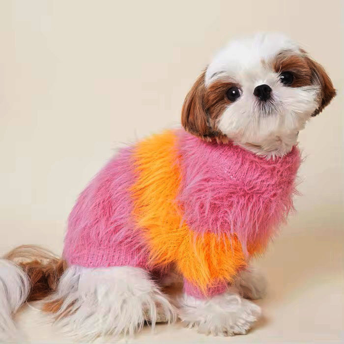 Thumbnail: Dog wearing fluffy striped pink dog sweater side view by Hendricks and Maple