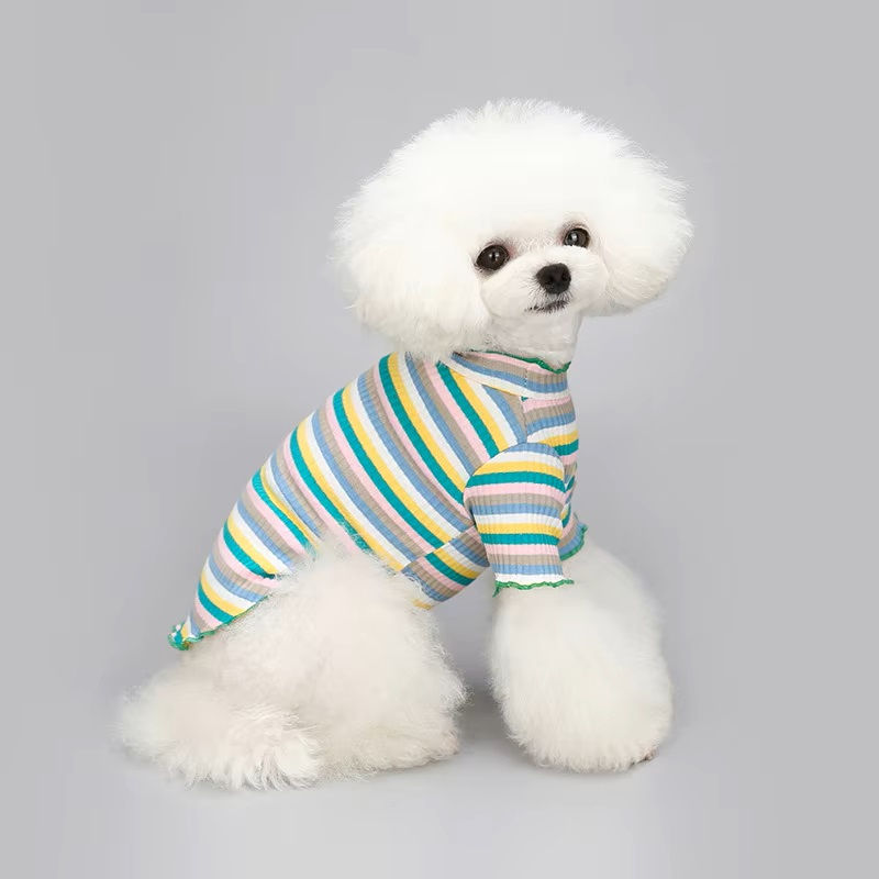Thumbnail: Dog wearing rainbow stripe long sleeve dog tee in green by Hendricks and Maple