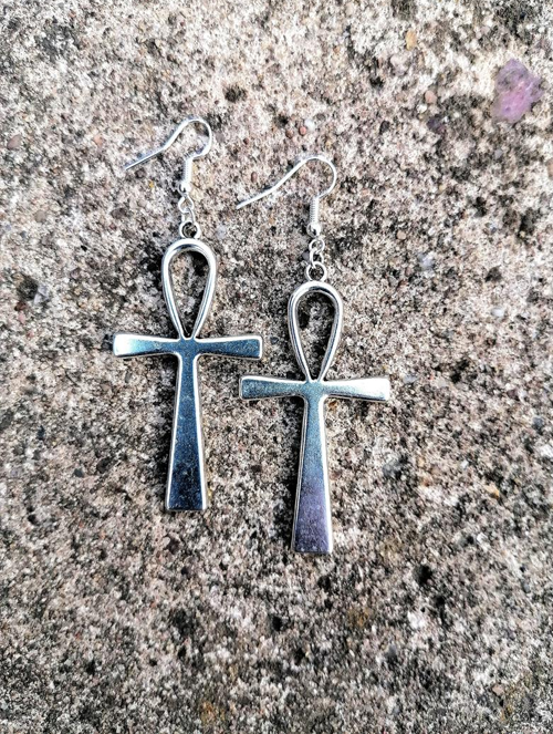 Thumbnail: Ankh Antique Silver Earrings Pair Egyptian African Spiritual Symbol Powerful Gift Idea Large Hermetic Kermetic