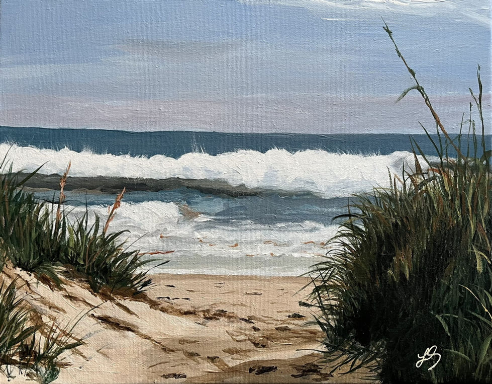 Painting of beach scene. Dunes with grass in foreground, ocean waves in center, sky at top.